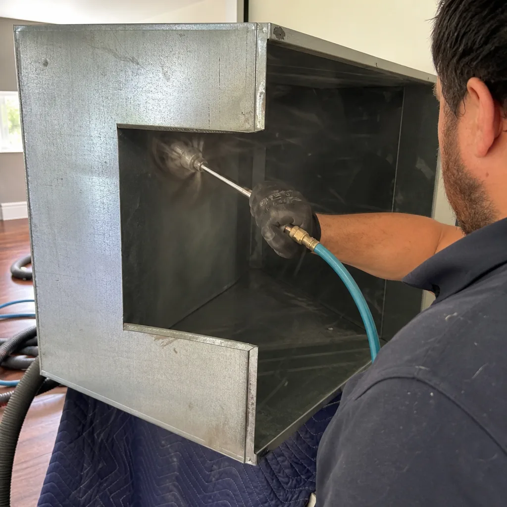 Technician using professional equipment to perform air duct cleaning services