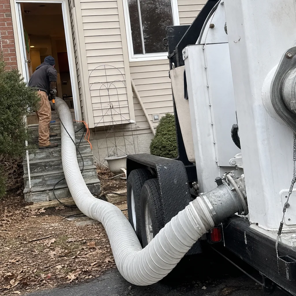 Professional air duct cleaning technician using truck-mounted vacuum equipment at residence