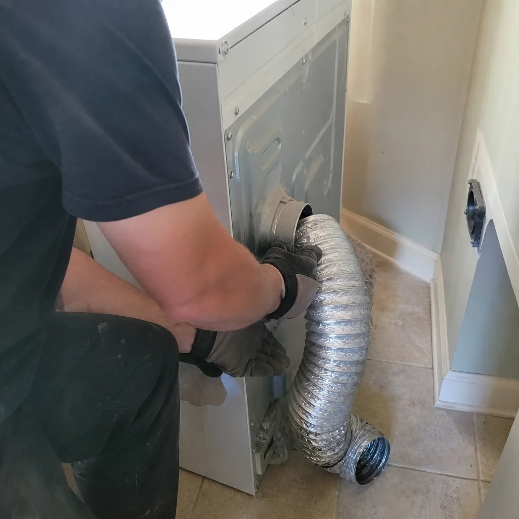 Technician attaching a flexible dryer vent hose to a clothes dryer