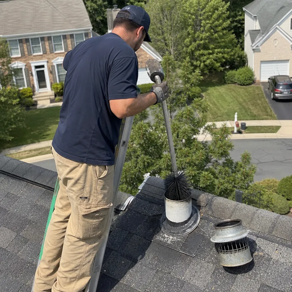 Technician cleaning dryer vent pipe from roof with chimney sweep brush