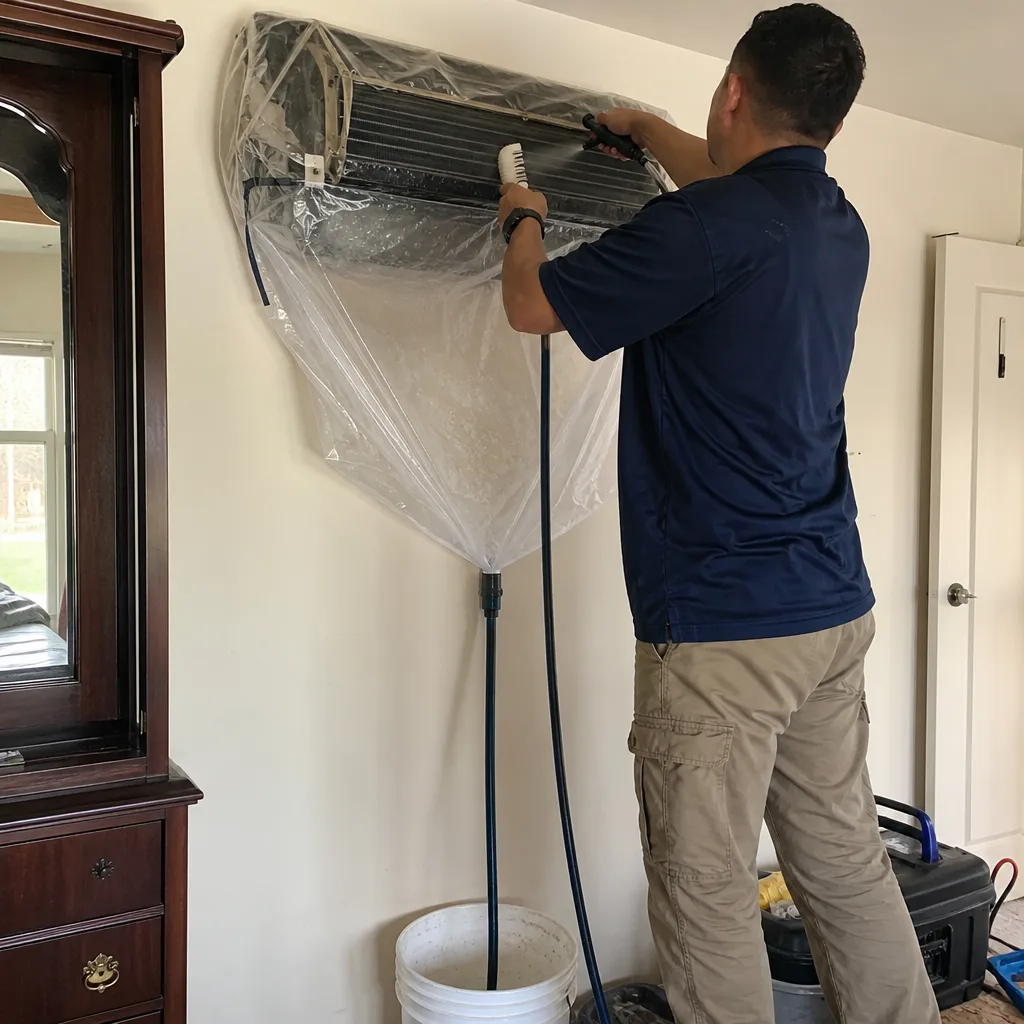 Technician performing professional HVAC unit cleaning and maintenance