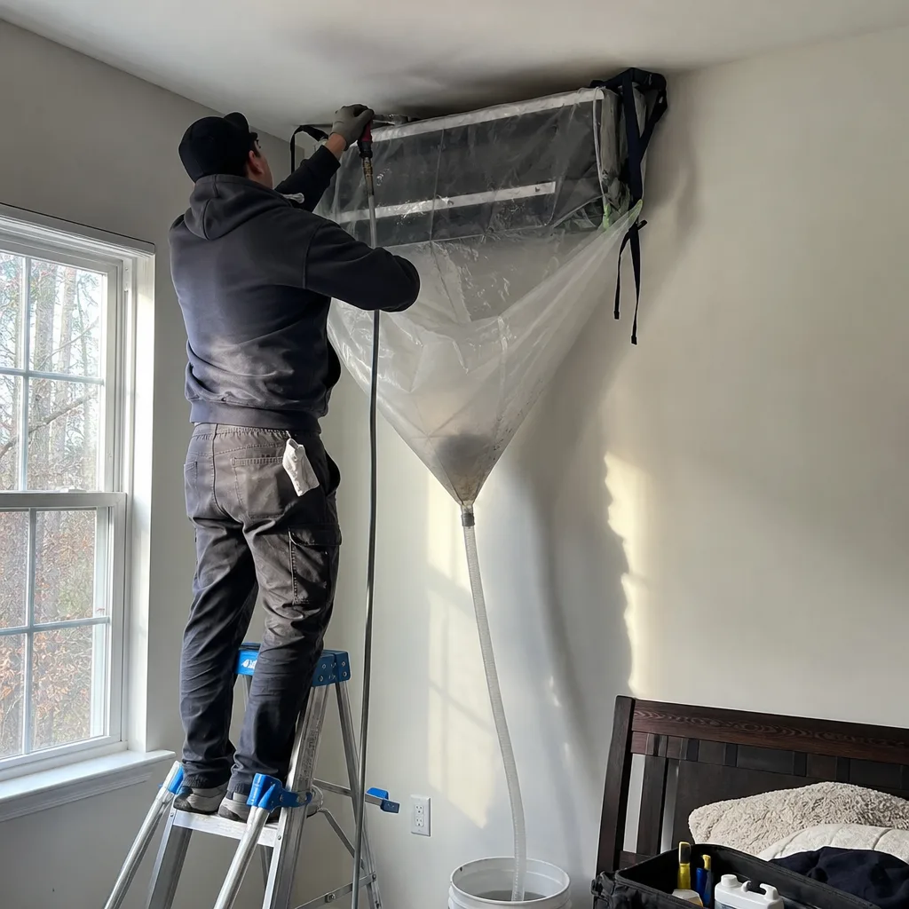 Technician performing professional HVAC duct and unit cleaning service