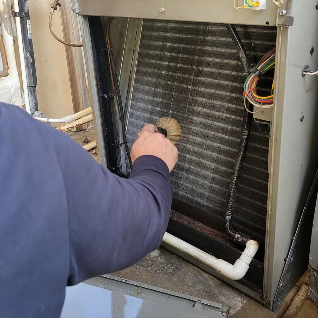 Technician cleaning HVAC evaporator coils with a brush for system maintenance